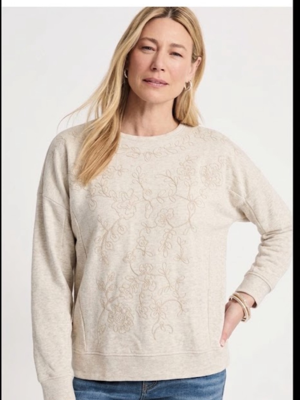 J. Jill XL oatmeal Heather intricately Embroidered Crewneck Sweatshirt